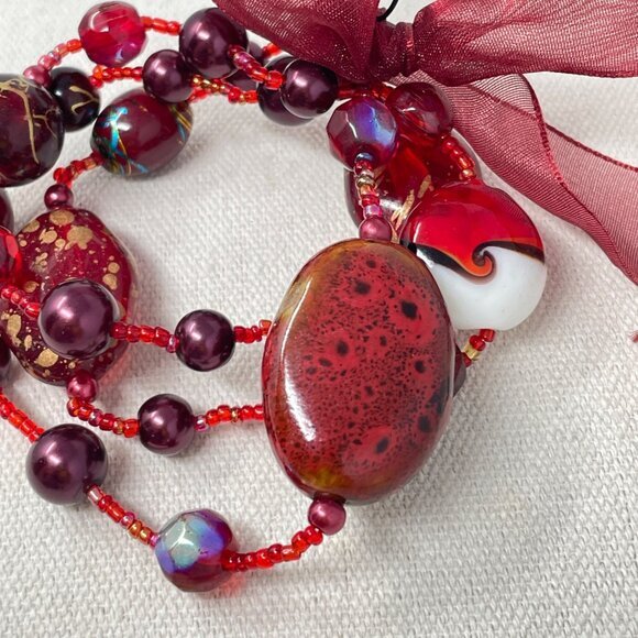Red Stones Glass Lampwork Beads‎ Stretch Bracelet Set of 3 Valentines Gift Love - Picture 5 of 7